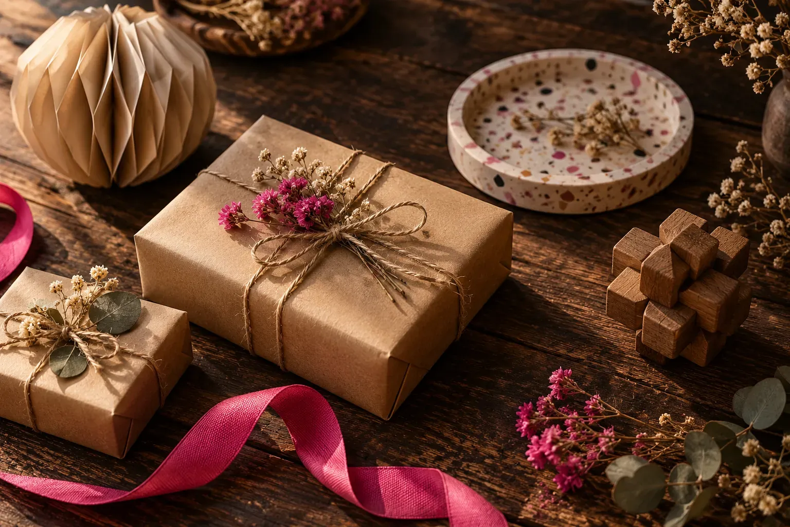 Cadeaux faits main emballés en papier kraft : sculpture en papier, plateau façon terrazzo, puzzle 3D en bois